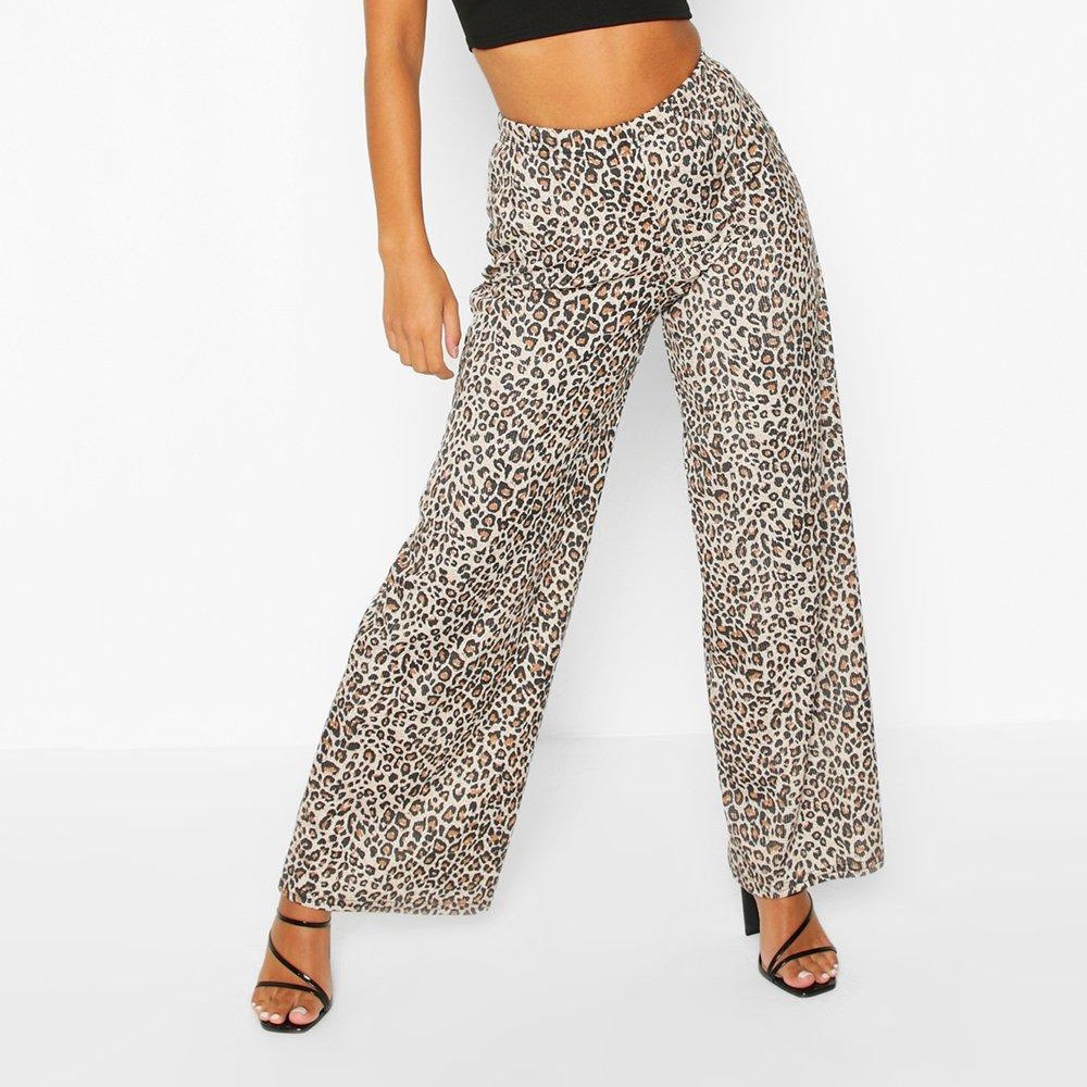 Boohoo petite leopard ribbed wide leg trousers